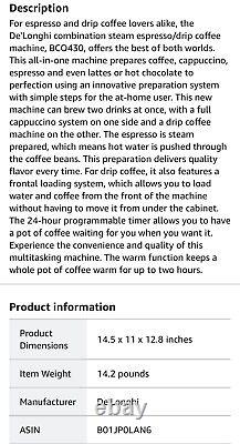 De'Longhi BCO430 Combination Pump Espresso & 10-Cup Drip Coffee Machine w Froth